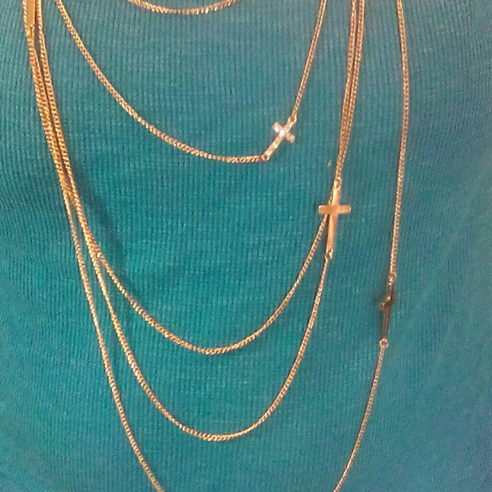Multi Chain Gold Tone necklace w/Crosses EUC